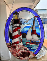 Pigeon Point Lighthouse Stained Glass Window Hanging, Suncatcher Home Decor with Chains, Suncatcher for Windows, Colorful Glass Ornament, Indoor Outdoor Home Decor Garden Decoration
