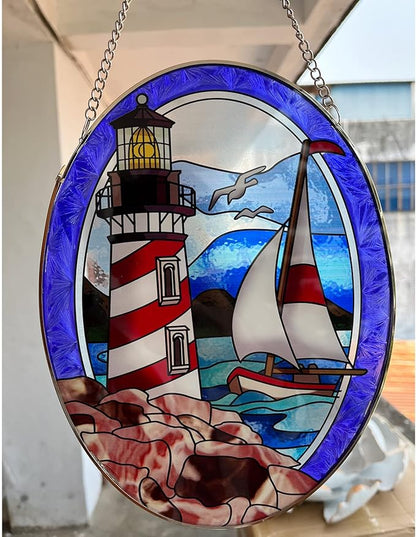 Pigeon Point Lighthouse Stained Glass Window Hanging, Suncatcher Home Decor with Chains, Suncatcher for Windows, Colorful Glass Ornament, Indoor Outdoor Home Decor Garden Decoration