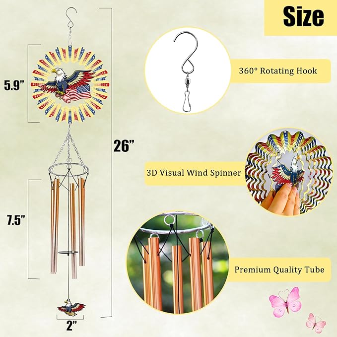 Wind Chimes with American Flag Eagle 3D Display Wind Spinner for Outside Garden Patio Yard Decor, Metal Windchimes Outdoor Hanging Decoration for Memorial Day Independence Day Patriotic