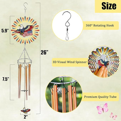 Wind Chimes with American Flag Eagle 3D Display Wind Spinner for Outside Garden Patio Yard Decor, Metal Windchimes Outdoor Hanging Decoration for Memorial Day Independence Day Patriotic