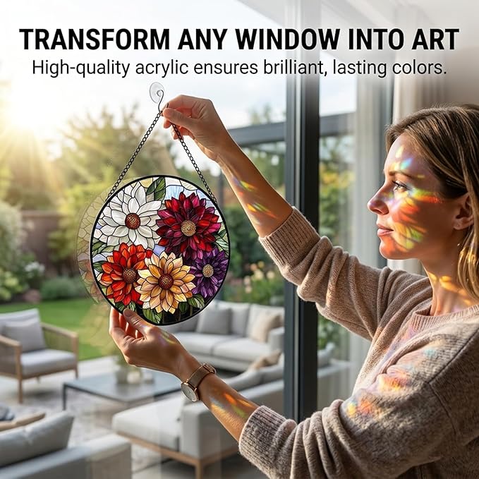 Birthday Gifts for Women - Colorful Flowers Faux Stained Glass Window Hanging Sun Catcher for Door Garden Acrylic Decor Mother's Day Christmas for Mom Nana Grandma Sisters Wife 7.8"