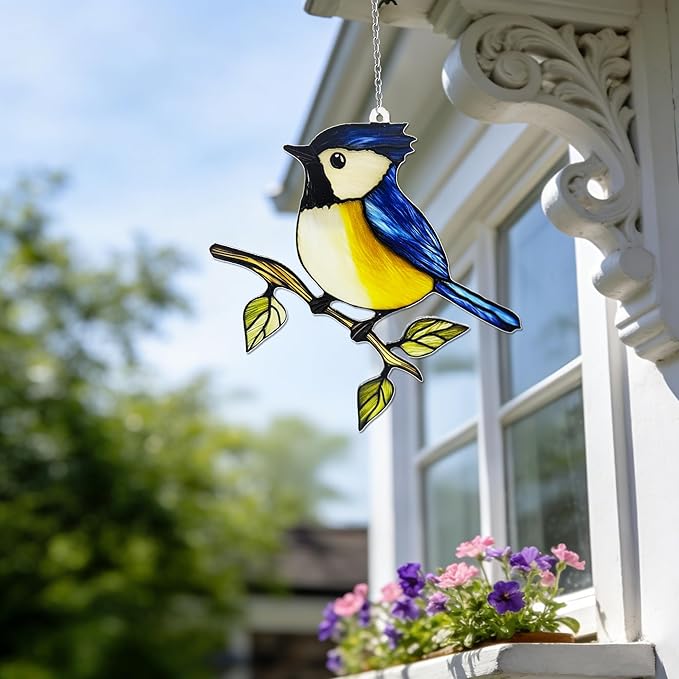 Birds on a Branch Stained Glass, Robin Bird Suncatchers Windows, Bird Suncatcher for Patio/Mom/Window (Blue)