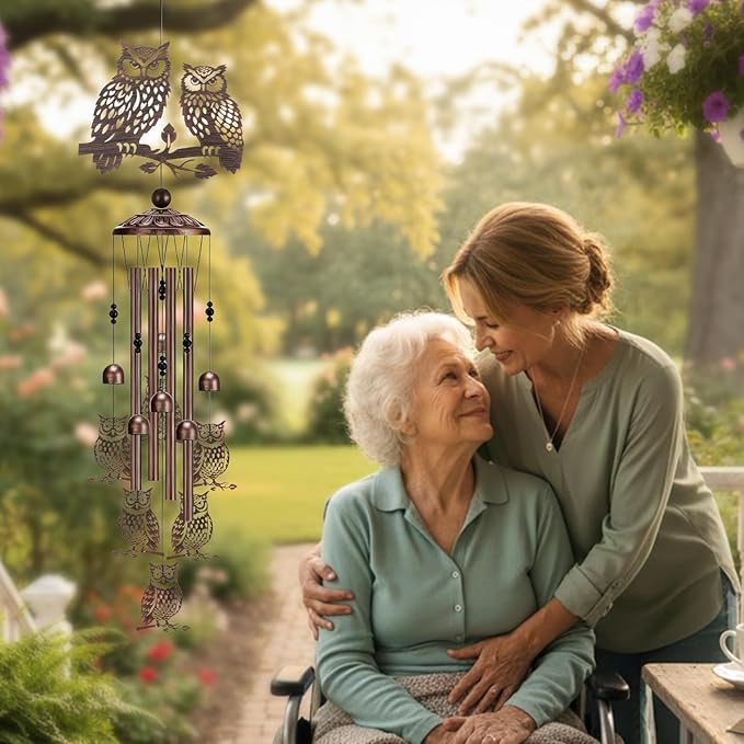 Wind Chimes for Outside - Owl Gifts for Women Mom Grandma Metal Windchimes with Greeting Card Indoor Outdoor Art Decor Garden Patio Lawn Hanging Decoration Christmas New Year Birthday Gift