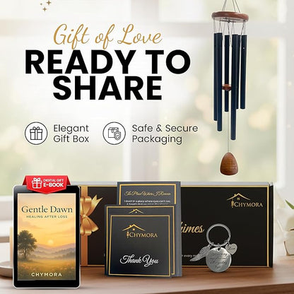 Wind Chimes for Outside clearence - Aluminum Pipes & Pine Wood Windchimes Outdoors, Sympathy Gifts for Loss of Loved One - Includes Letter from Heaven & Keepsake Keychain, Porch Decor - Black