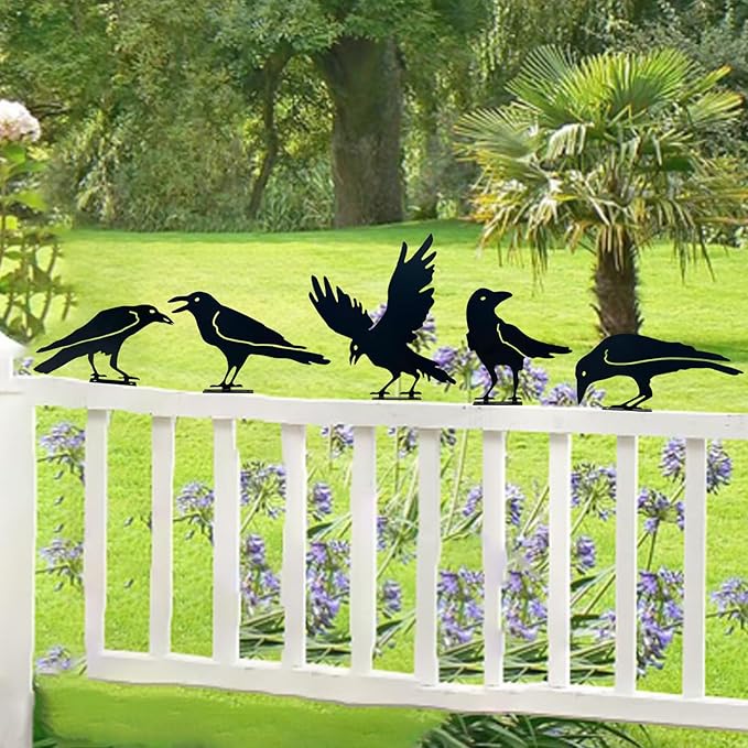 5pcs Black Crows Halloween Decor Wrought Iron Metal Crow Decor Raven Silhouette for Metal Yard Art Indoor Outdoor Garden Decoration Home Decor