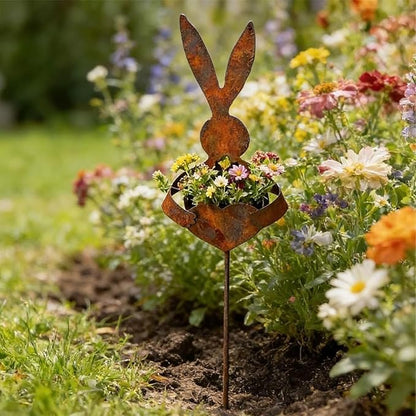 Vintage Metal Rabbit Shaped Planter Garden Stake, Rustic Patina Finish Bunny Decor for Outdoor Garden Yard, Decorative Stake for Small Flowers Succulents Spring Displays