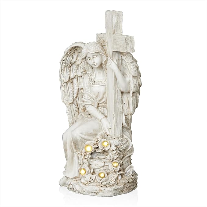 Alpine Corporation KGD574SLR Solar Angel Holding Cross Statue with LED Lights, Sentimental Decor for Garden, 14" H, White