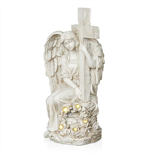 Alpine Corporation KGD574SLR Solar Angel Holding Cross Statue with LED Lights, Sentimental Decor for Garden, 14" H, White