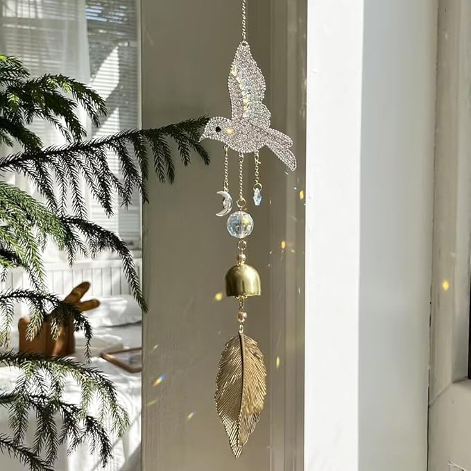 Hummingbird Rhinestones Hanging Bell for Window Decor - Wind Chime with Suncatcher for Patio Hallway Indoor Home Decor - Fengshui Hanging Bell Chimes for Good Luck