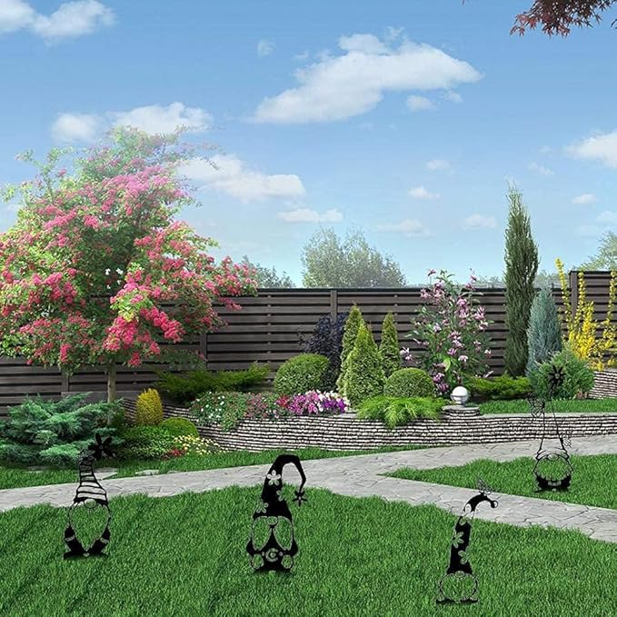 Headerbs Garden Silhouette Gnomes, Handmade Black Premium Iron Garden Metal Statues Standing Silhouette Decorations for Yard Metal Yard Art (C)