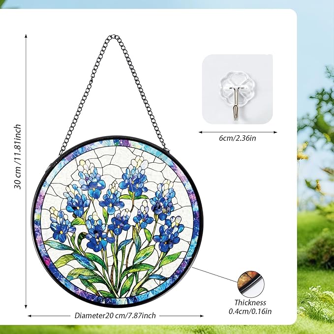 Rngmsi Stained Glass Window Hanging, Forget-Me-Not Sun Catcher Gift for Housewarming, Forget Me Not Suncatchers Gifts for Plant Lover Friends Home Decor 8 Inch