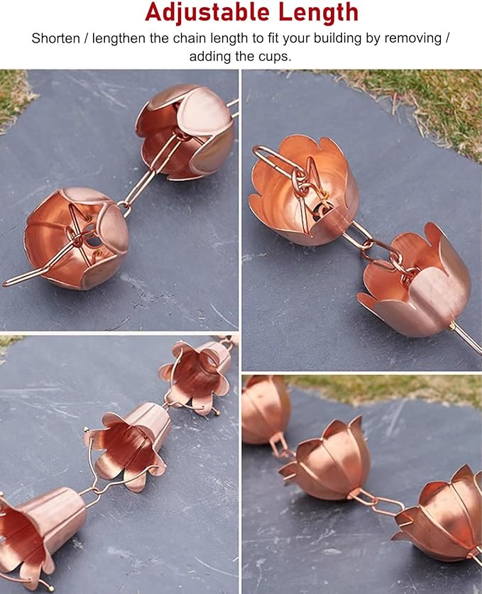 Copper Rain Chain for Heavy Rain, Decorative Rainwater Diverter, Outdoor Garden Decor for Gutter Downspout (Style2 1.8m (5.9ft))