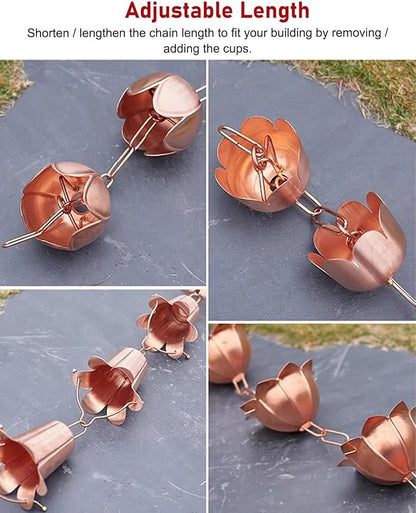 Copper Rain Chain for Heavy Rain, Decorative Rainwater Diverter, Outdoor Garden Decor for Gutter Downspout (Style2 2.4m (7.9ft))