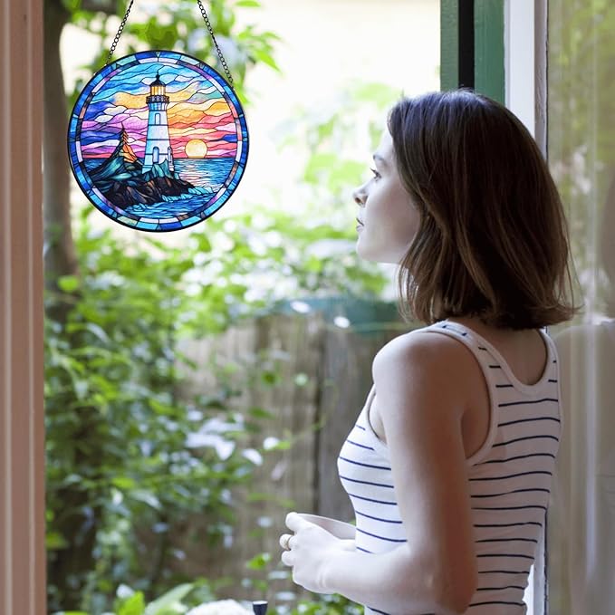 Lighthouse Garden Suncatcher, Stained Glass Window Hanging Memorial Gift for Mom, Sun Catcher for Home Garden, Christmas Party & Wedding Decor