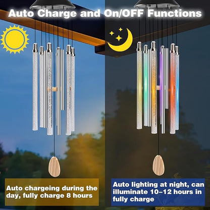 Bursvik Solar Wind Chimes for Outside, 6 LED Tube with 4 Aluminum Tube Automatic Color Changing Wind Chimes, Gifts for Mom, IPX65 Waterproof Hanging Solar Lights for Garden Patio Yard Porch