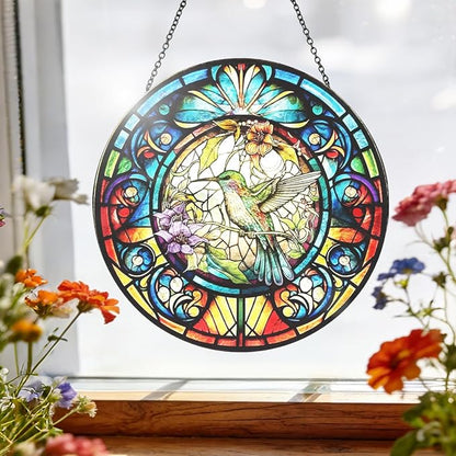 Hummingbird Stained Glass Suncatcher - Colorful Bird Sun Catcher Indoor Wall Decor Glass Panel Floral Window Hanging Ornament Gift for Mom, Grandma, Bird Lovers (8 inch)