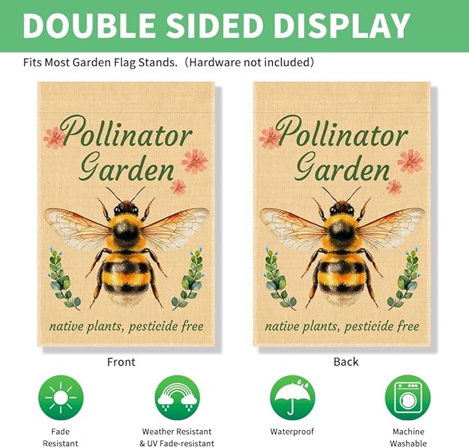 Perfectinsoy Pollinator Garden with Native Plants Pesticide Free Garden Flag, No Mow Sign, Pollinator Friendly Garden Sign, Welcome Yard Farmhouse Spring Outdoors Decor, Bee Lover Gifts for Gardeners