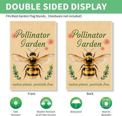 Perfectinsoy Pollinator Garden with Native Plants Pesticide Free Garden Flag, No Mow Sign, Pollinator Friendly Garden Sign, Welcome Yard Farmhouse Spring Outdoors Decor, Bee Lover Gifts for Gardeners