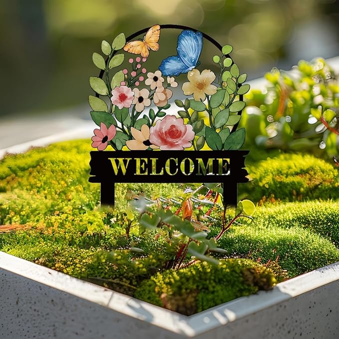 Decorative Garden Stakes, Welcome Yard Sign, Metal Arrangement Ornaments for Courtyard Lawn, Rusty Outdoor Decortions for Easter Housewarming (B)