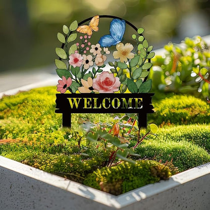 Decorative Garden Stakes, Welcome Yard Sign, Metal Arrangement Ornaments for Courtyard Lawn, Rusty Outdoor Decortions for Easter Housewarming (B)