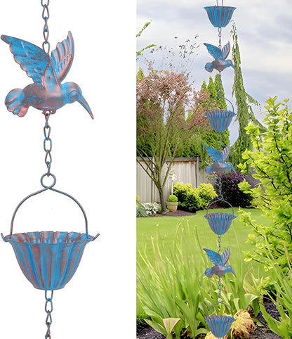 Rain Chain, 7.9 Feet Decorative Downspout, Adjustable Hanging Rain Hutter Chain Downspout Substitute for Garden Drainage & Eaves, Rust Proof Metal with 7 Birds and 7 Cups
