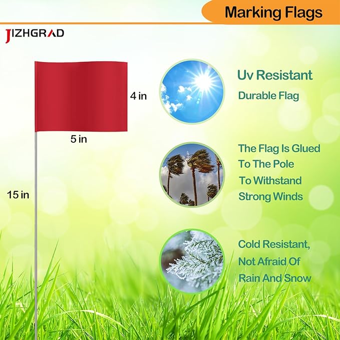50Pack Red Marking Flags, JIZHGRAD 15x4x5 Inch Marker Flags Use for Yard & Lawn, Boundary & Dog Training, Survey & Landscape, Sprinkler & Surveyor, Garden & Construction, High Visibility, Sturdy, Versatile, UV & Weather Resistant