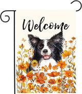Border Collie Fall Garden Flag Autumn Dog Yard Sign Orange Floral Thanksgiving Outdoor Banners for Outside 12x18 Double Sided Small Wild Flower Lawn Decorations