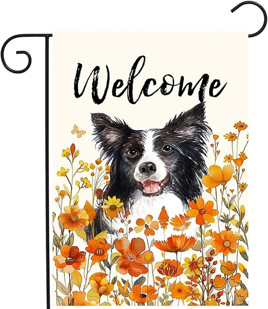 Border Collie Fall Garden Flag Autumn Dog Yard Sign Orange Floral Thanksgiving Outdoor Banners for Outside 12x18 Double Sided Small Wild Flower Lawn Decorations