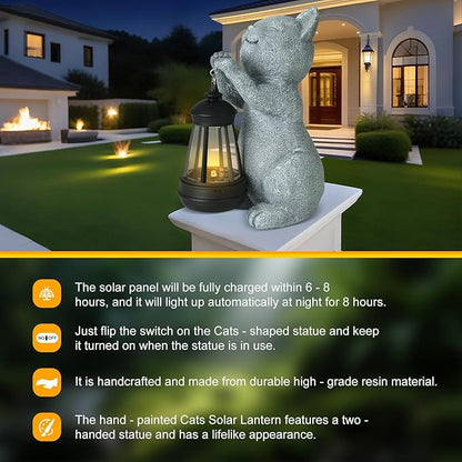 Solar Cat Garden Statue with LED Light - Cute Cat Figurine for Outdoor Decor, Weatherproof Resin Night Light for Yard Patio Lawn, Gift for Cat Lovers Women Mom Grandma
