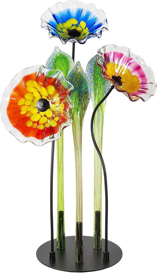Dale Tiffany AS23093 Fiore Bloom Hand Blown Glass Flower Petal Art Glass Sculpture with Metal Stand for Indoor Garden Patio Decoration, Multi Color, 3-Plate 34.5" Tall