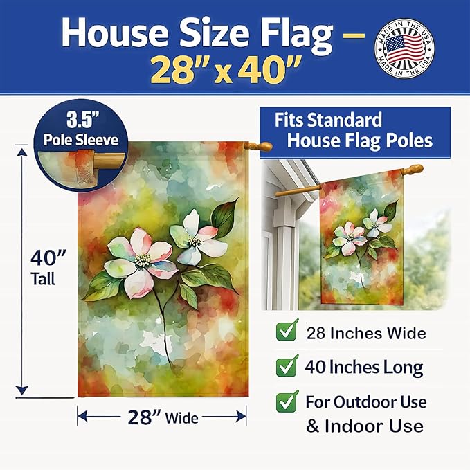 Caroline's Treasures Virginia American Dogwood in Watercolor House Flag Large Porch Sleeve Pole Decorative Outside Yard Banner Artwork Wall Hanging, Polyester, House Size, Multicolor