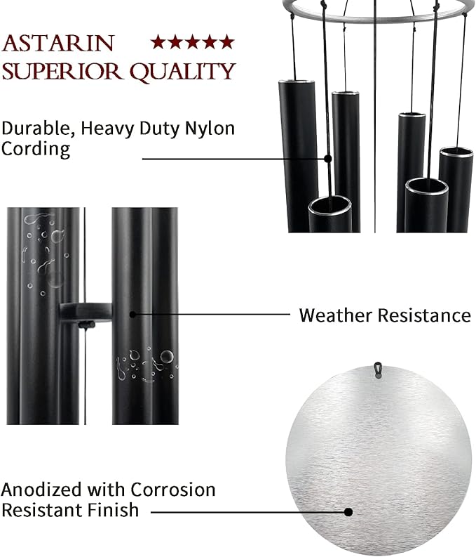 ASTARIN Large Wind Chimes Outdoor Deep Tone,45 Inch Sympathy Wind Chimes for Outside with 6 Tubes Tuned Relaxing Melody,Memorial Wind Chimes Large for Mom,Garden Decor,Black