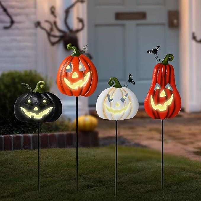 Halloween/Thanksgiving Metal Stakes Pumpkin, Jack o Lantern Spooky Faces Smile with Luminous Effect, Garden Yard Signs, Halloween Pumpkins Outdoor, Pumpkin Decorations Outdoor,Set of 4