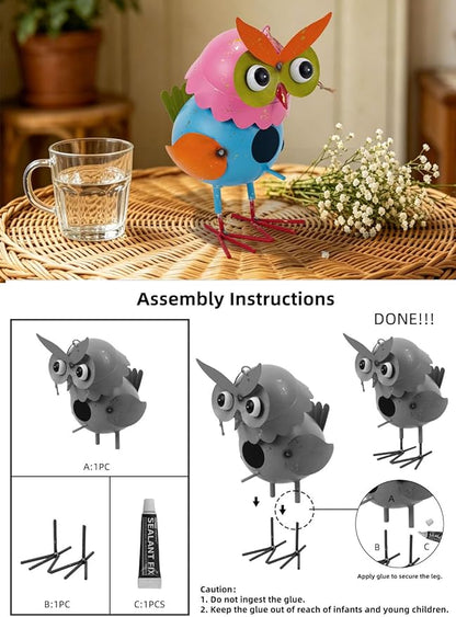 Metal Owl Garden Statues Yard Art Animal Sculpture Garden Figurines Outdoor Decor Lawn Ornaments Hanging Decorative Bird House for Outside