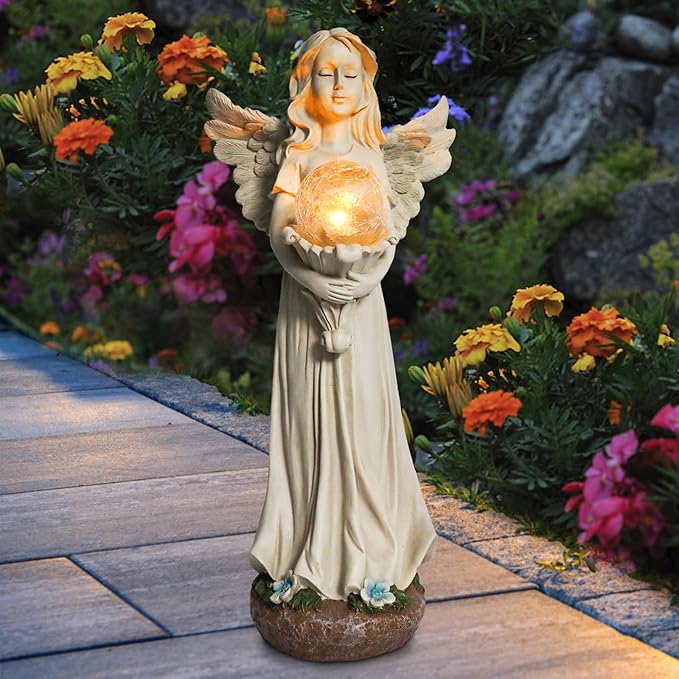 Angel Statue for Garden - 16.3 inches Guardian Solar Garden Statues with Solar Lights, Angel Figurines Gardening Gifts for Mom Grandma Lawn Outdoor Ornaments Figurines for Outdoor Decor