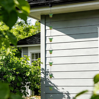 10ft Rain Chains for Outside, 12-Cup Rain Chain Replacement Downspout for Gutters,Eaves, Drainage, Adjustable Length(Green & Yellow)