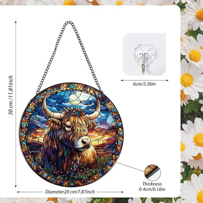 Rngmsi Stained Glass Window Hanging, 7.8″ Highland Cow Sun Catchers with Hook Indoor Window Decor, Decorative Suncatchers Hanging Ornaments Home Garden Art Gift for Housewarming