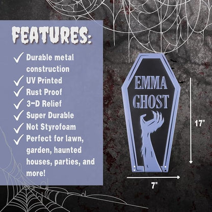 3-D Metal Halloween Ghost Cemetery XL 17" Tombstone w Stakes -EMMA GHOST- Durable, Rustproof, UV Raised Printing-Upgrade Your Haunted House Mansion w Cemetary Lawn Decor-No More Flimsy Foam Graveyards