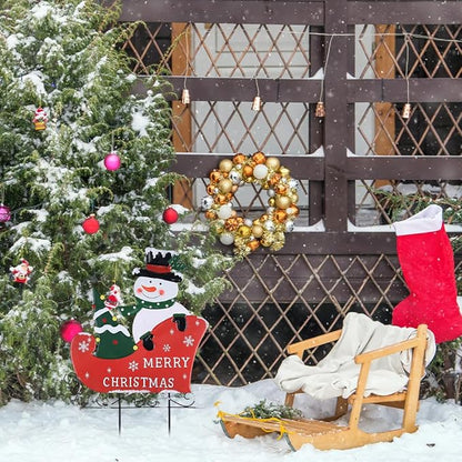 YEAHOME Outdoor Christmas Decorations, Metal Snowman with Sleigh Decorative Garden Stakes for Outdoor Yard, Merry Christmas Signs for Outside Porch Lawn Pathway Xmas Decor