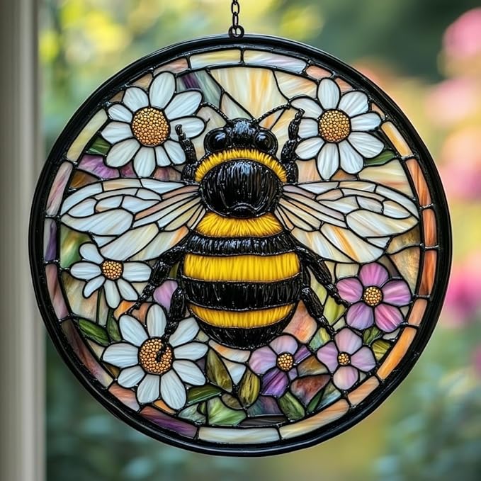 Bee Faux Tiffany Acrylic Suncatcher Stained Glass Effect Window Car Hanging Christmas Ornament Indoor Outdoor Decor Garden Sun Catcher Panel for Bee Lover for Women Mom Grandma