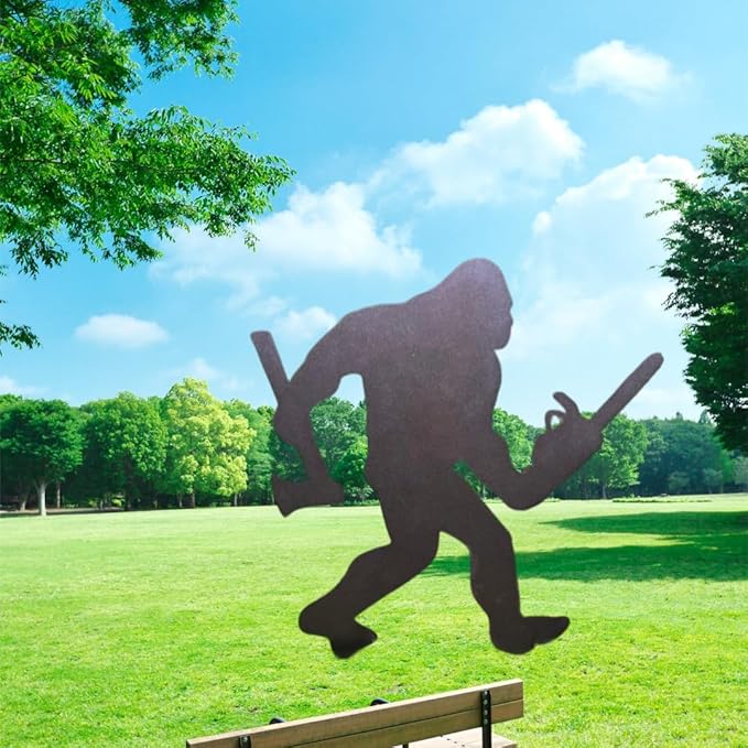 2025 Funny Bigfoot Garden Stake Metal Sign Art Yard Animal Decoration, Various Metal Sasquatch Black Big Foot Sculpture Outdoor Silhouette Statues for Garden Yard Patio Lawn (Chain Saw Ax)