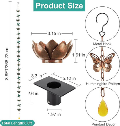 shumi 8.8ft Rain Chain for Gutters Downspouts Outside, 11 Butterfly Cups with 12 Copper Lotus Rain Chain Cups, Functional and Decorative Replacement for Gutter Downspouts