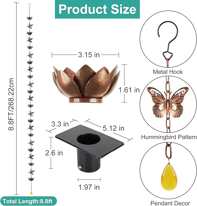 8.8ft Rain Chain for Gutters Downspouts Outside,Butterfly Rain Chain Cups with 12 Copper Chain Adjustable Lotus Rain Catcher Chain Functional and Decorative Replacement for Gutter Downspouts
