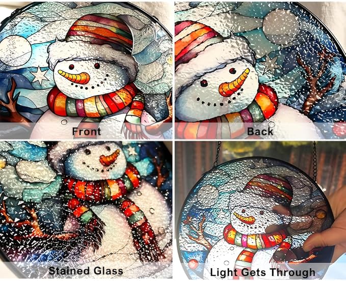 Snowman Suncatcher Stained Glass Suncatchers 7.87 Inch Stained Glass Ornament for Home Decor Indoor Wall Art for Christmas Day Valentine's Day Mother's Day Women
