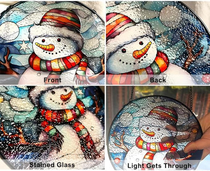 Snowman Suncatcher Stained Glass Suncatchers 7.87 Inch Stained Glass Ornament for Home Decor Indoor Wall Art for Christmas Day Valentine's Day Mother's Day Women