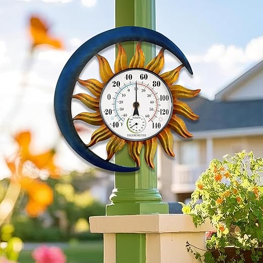 pealstar Outdoor Thermometer with Hygrometer Waterproof Large Wall Thermometer Decorative Metal Sun-Moon Outdoor Thermometers for Patio Garden Yard Living Room Decor