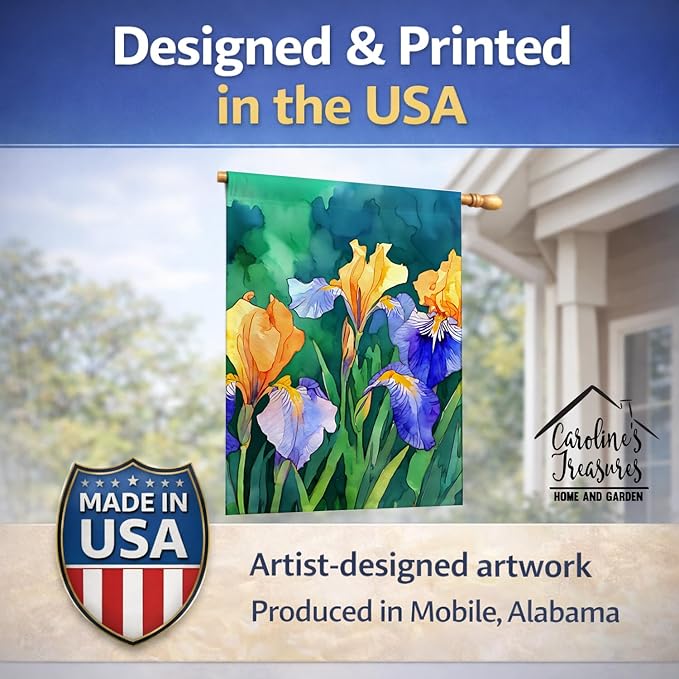 Caroline's Treasures Tennessee Iris in Watercolor House Flag Large Porch Sleeve Pole Decorative Outside Yard Banner Artwork Wall Hanging, Polyester, House Size, Multicolor