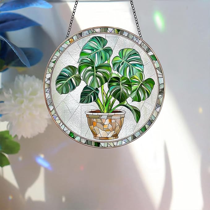 Bimkole Plant Stained Glass Suncatcher Window Hanging - Pothos Indoor Window or Doorway Decoration - Handmade Sun Catcher Decor for Garden Home Christmas & Birthday Gifts 7.87x7.87 inch