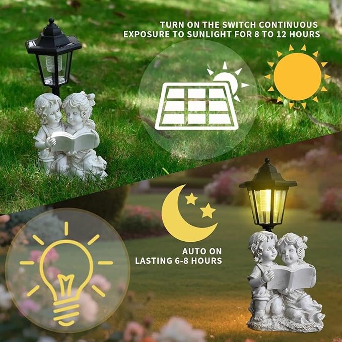 Solar Garden Angel Country Farm Reading Boy and Girl with Light, Outside Decorations for Patio Yard Lawn Walkway Ornaments