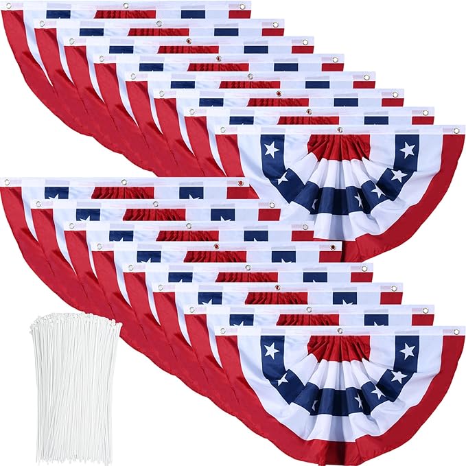 American Flag Bunting Patriotic Pleated Fan Flag USA Flags with Brass Grommets and Zip Ties for 4th of July Memorial Day Decoration Outdoor (16, 1.5x3 Feet)